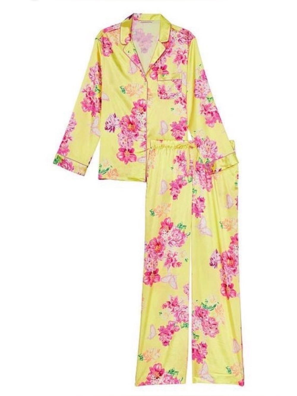 Victoria's Secret Satin Floral 2 PC Pajama Citron Pink Relaxed Size S - Picture 3 of 6